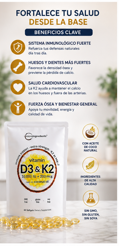 Vitamina D3+K2 diaria Huesos fuertes, equilibrio general, Absorción óptima Sistema inmunitario activo