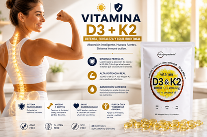 Vitamina D3+K2 diaria Huesos fuertes, equilibrio general, Absorción óptima Sistema inmunitario activo