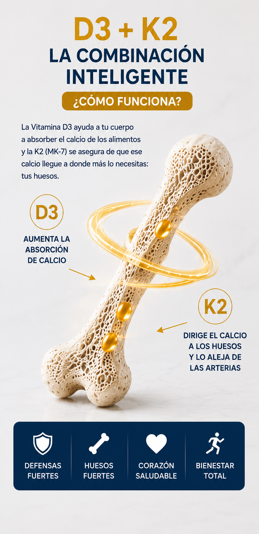 Vitamina D3+K2 diaria Huesos fuertes, equilibrio general, Absorción óptima Sistema inmunitario activo