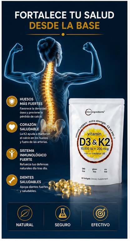 Vitamina D3+K2 diaria Huesos fuertes, equilibrio general, Absorción óptima Sistema inmunitario activo